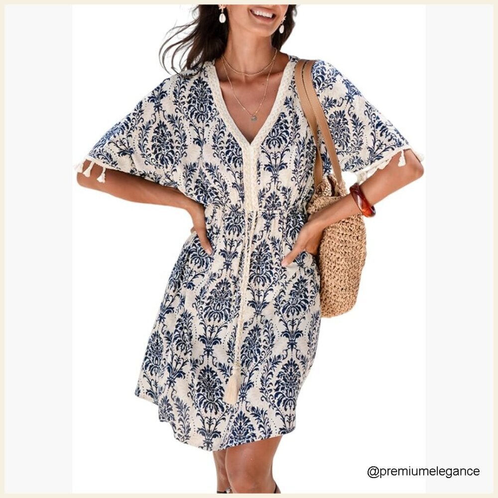 V-Neck Short Sleeve Mini Dress with Tassel Trim, Paisley Boho Casual Sundress
